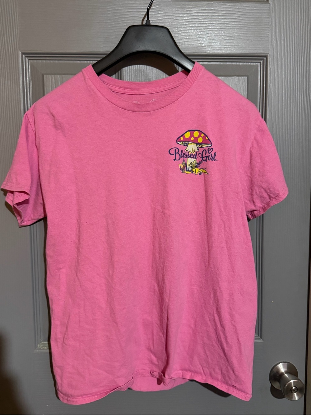 Blessed Girl Pink Mushroom Graphic T-Shirt Isaiah 6:3 God's Glory Tee Womens M